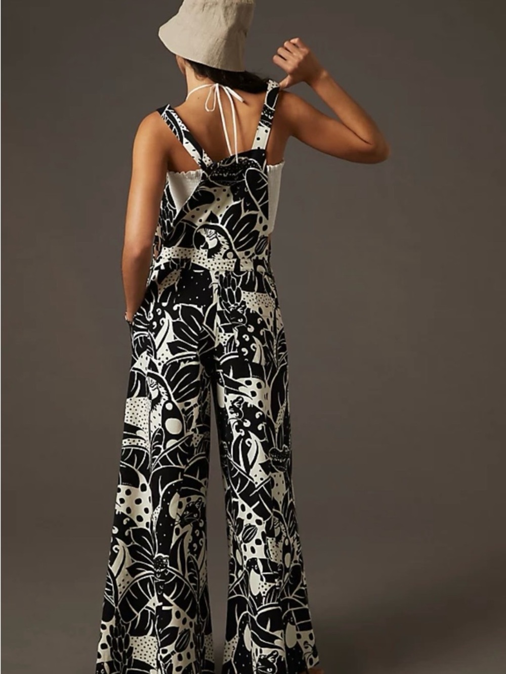 Farm Rio Anthropolgie Black & White Tropical Print Wide Leg Overalls - Picture 2 of 16